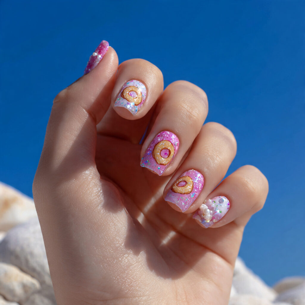 attractive glazed donut pearl square nails with ou