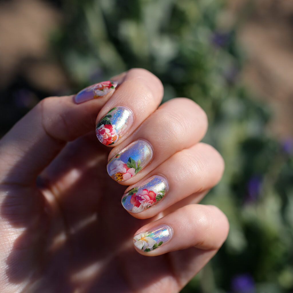 attractive glazed floral nails with iridescent shi