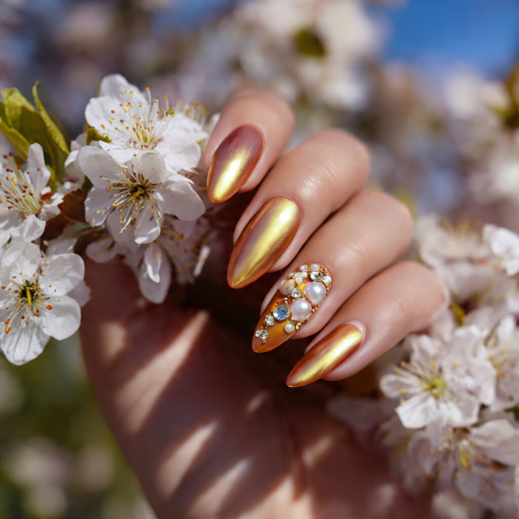 attractive glazed pearl chrome almond acrylics nai 1