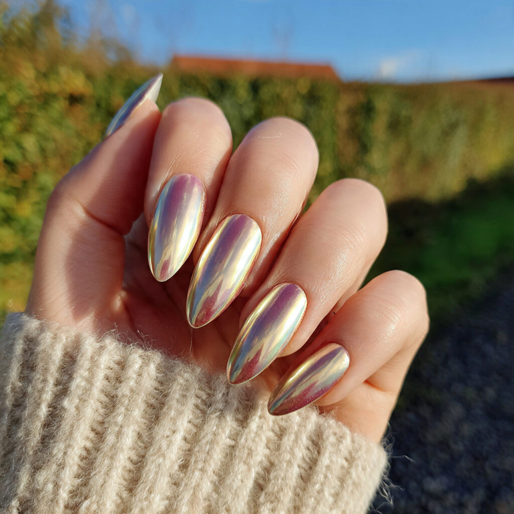 attractive glazed pearl chrome almond nails with o