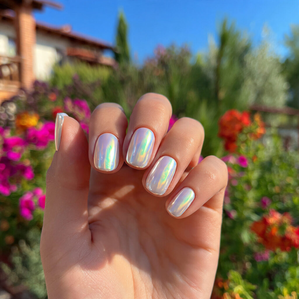 attractive glazed pearl chrome short nails nails w 1