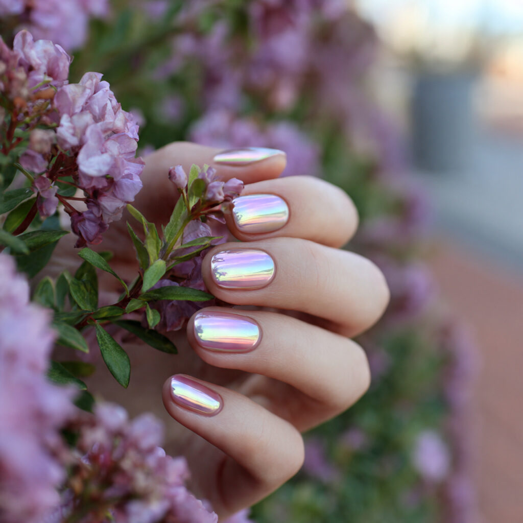 attractive glazed pearl chrome short nails with ou