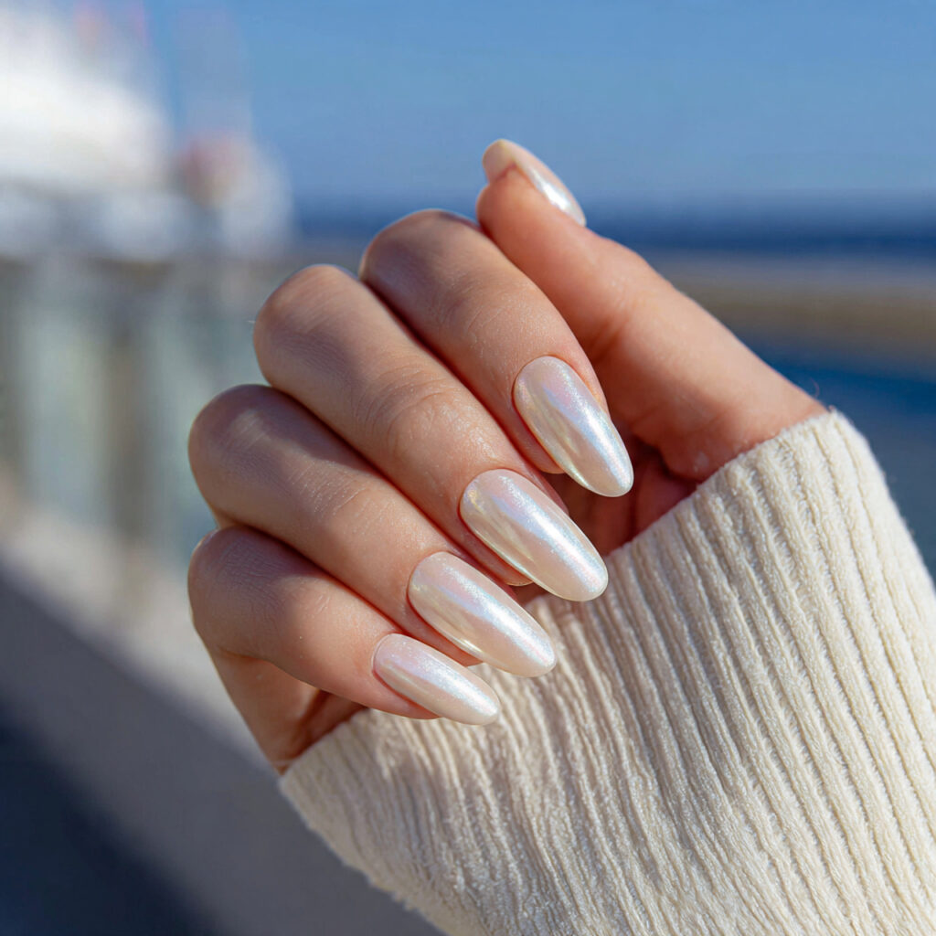 attractive glazed vanilla chrome nails with outdoo