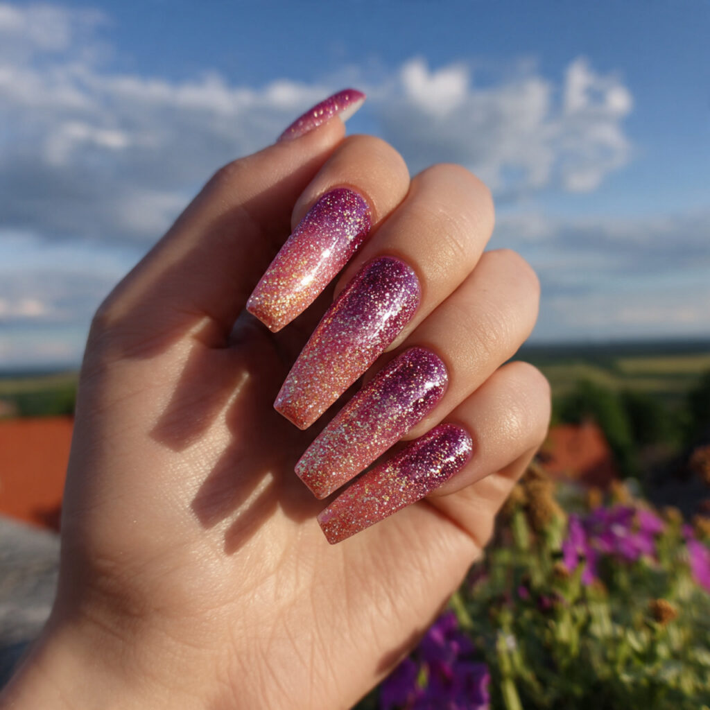 attractive glitter fade long coffin nails with out