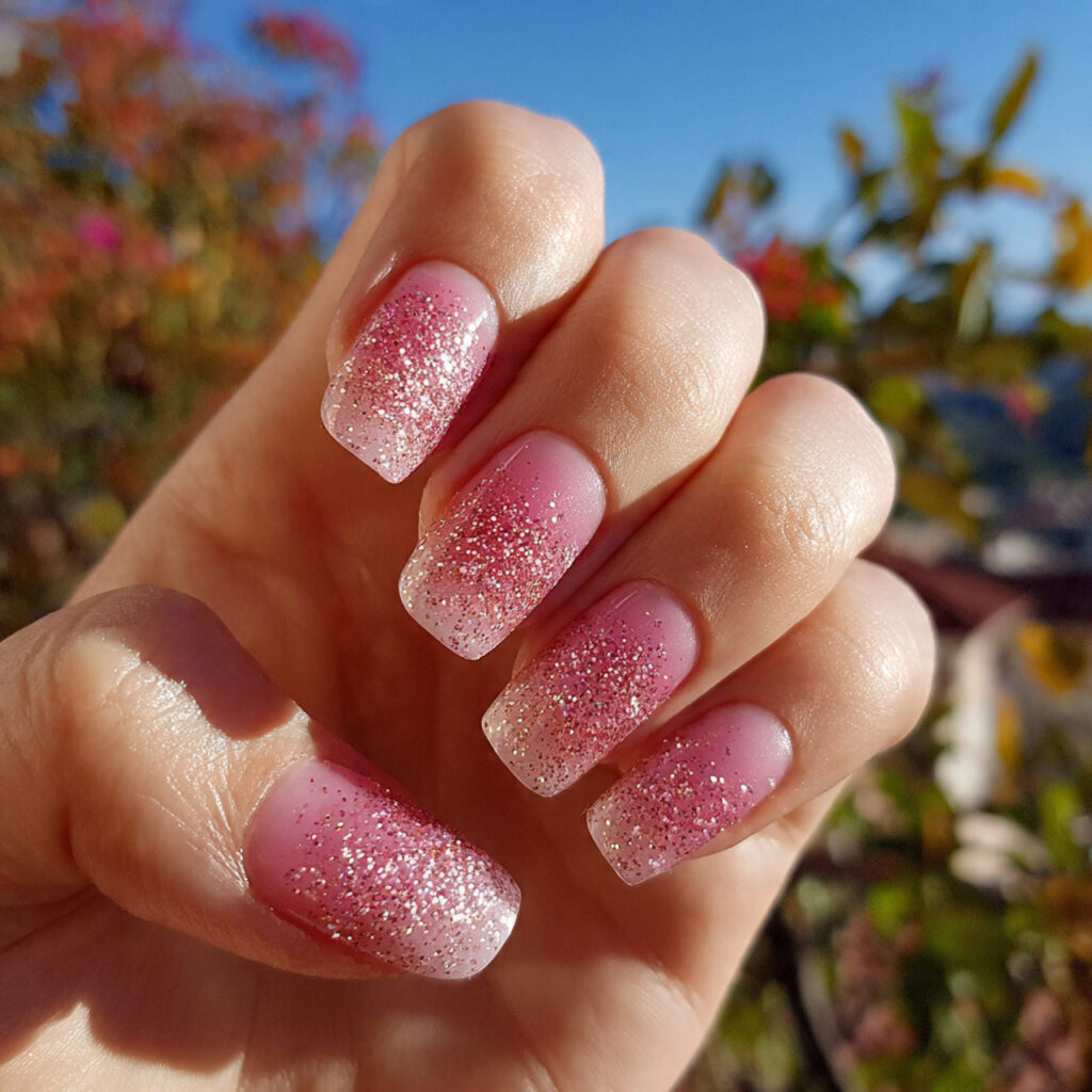 attractive glitter fade pink ombre nails with outd