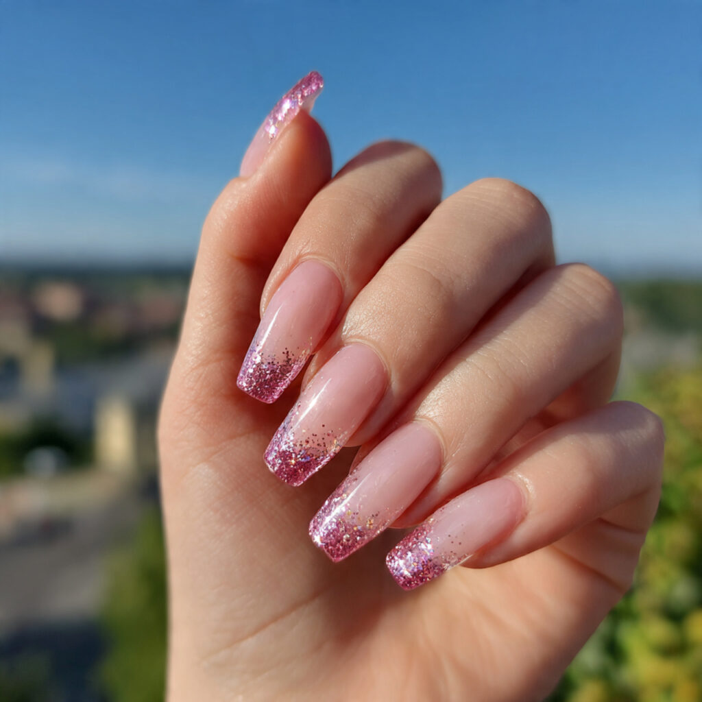attractive glitter pink french nails with outdoor