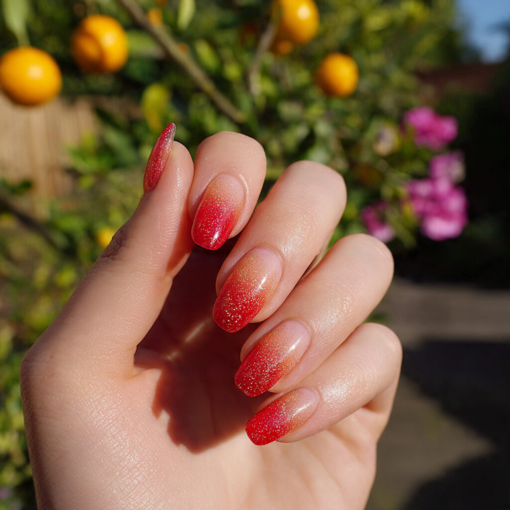 attractive glitter tipped red ombre nails with sum