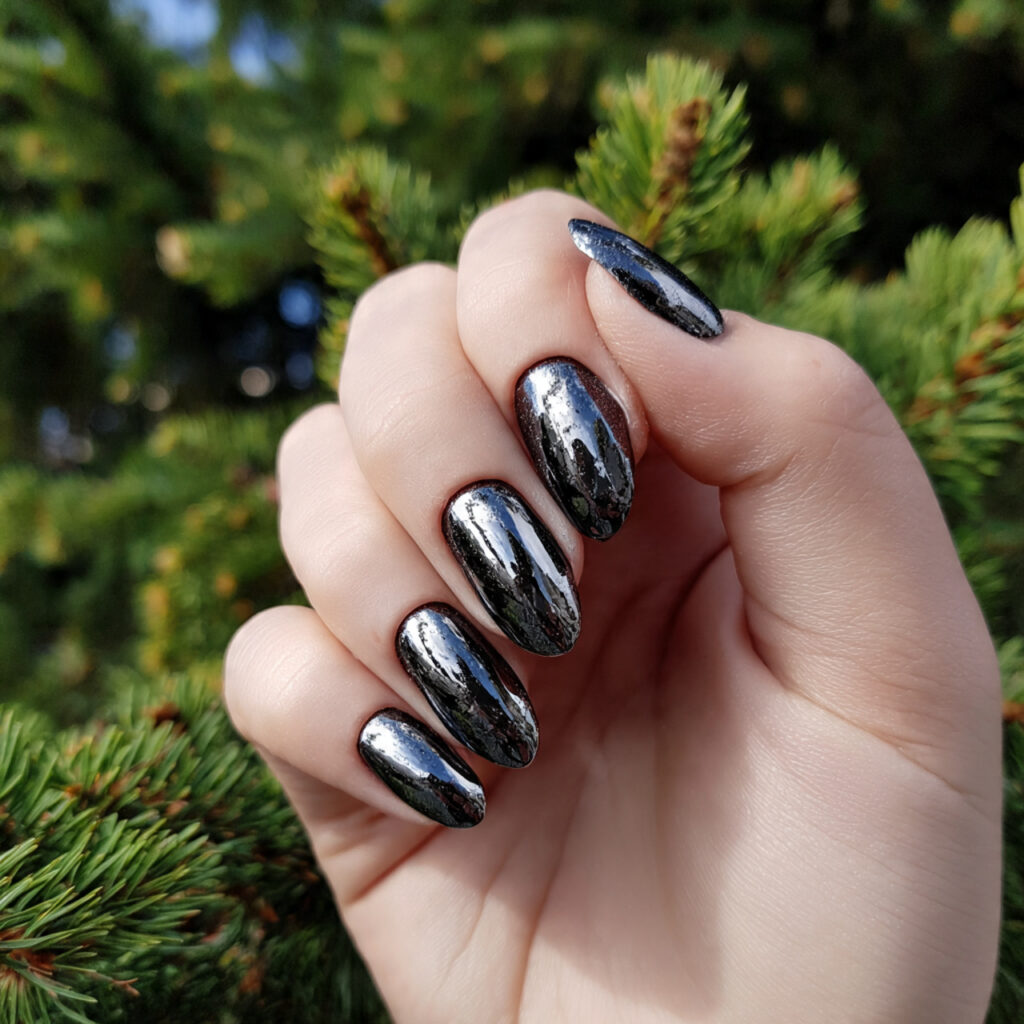 Nail Inspo 2026: 14 Aesthetic Nail Ideas That Feel So Fresh, Soft, and Trendy 10 attractive glossy black mirror nails with outdoor