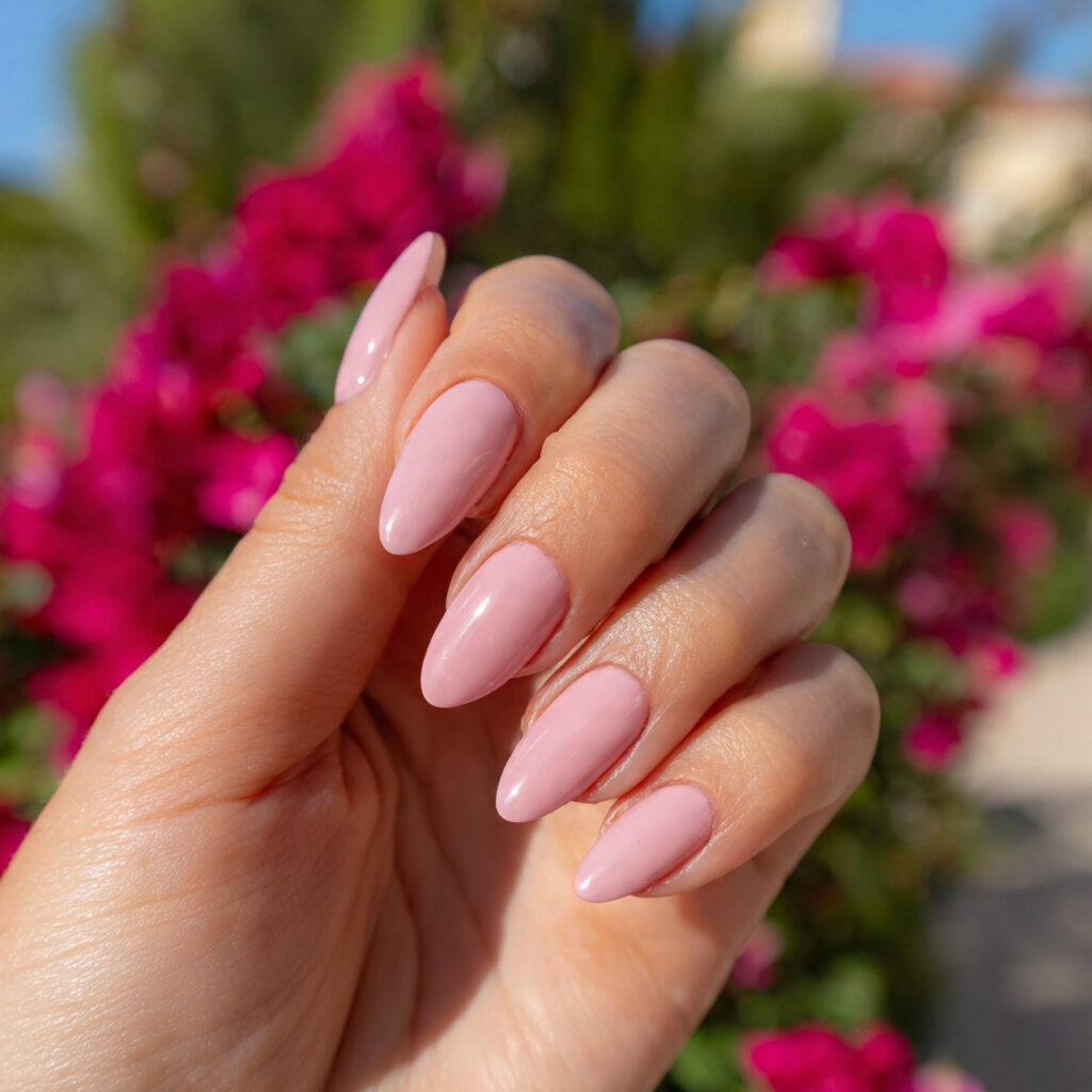 attractive glossy blush almond nails with summer o