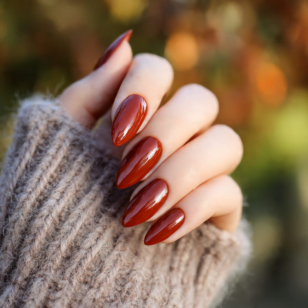 attractive glossy cinnamon almond nails with outdo