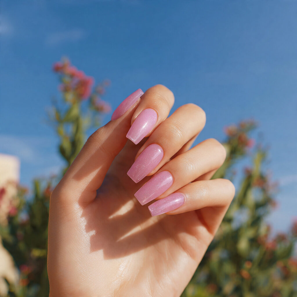 attractive glossy clear pink acrylic nails with ou