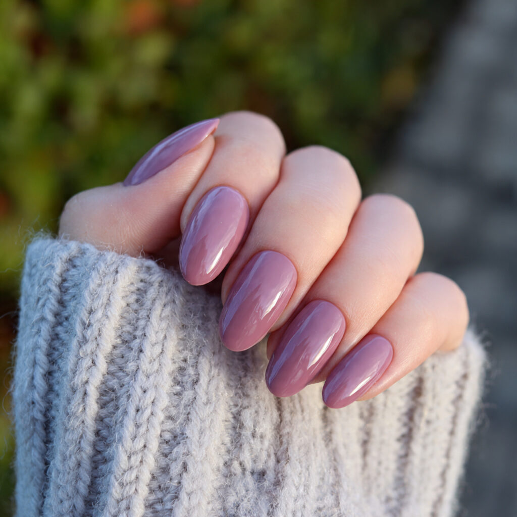 attractive glossy mauve almond nails with outdoor