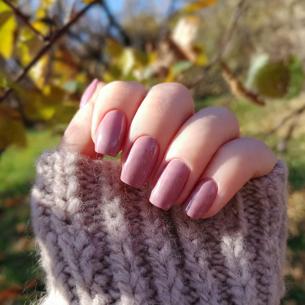 attractive glossy mauve neutral nails with outdoor