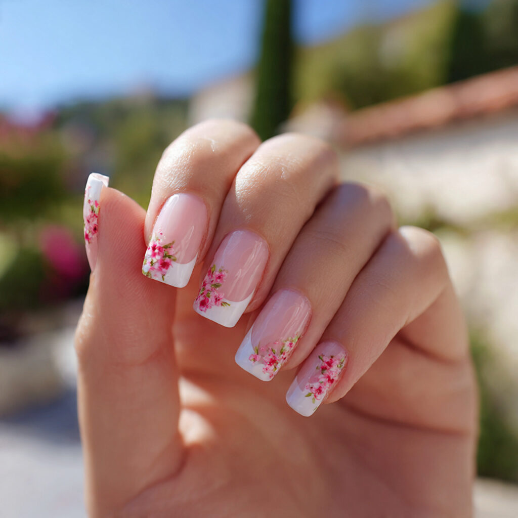 attractive glossy nails with micro pink floral acc