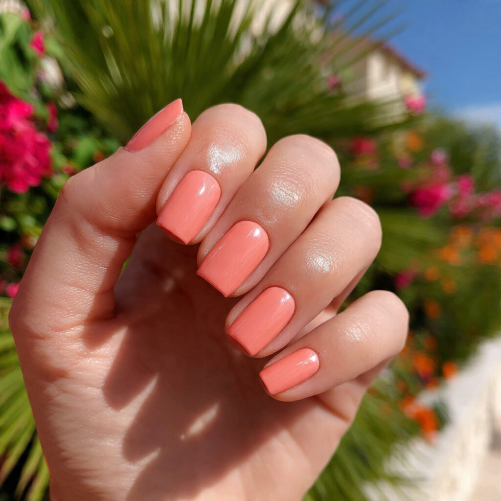 attractive glossy peach square nails with outdoor
