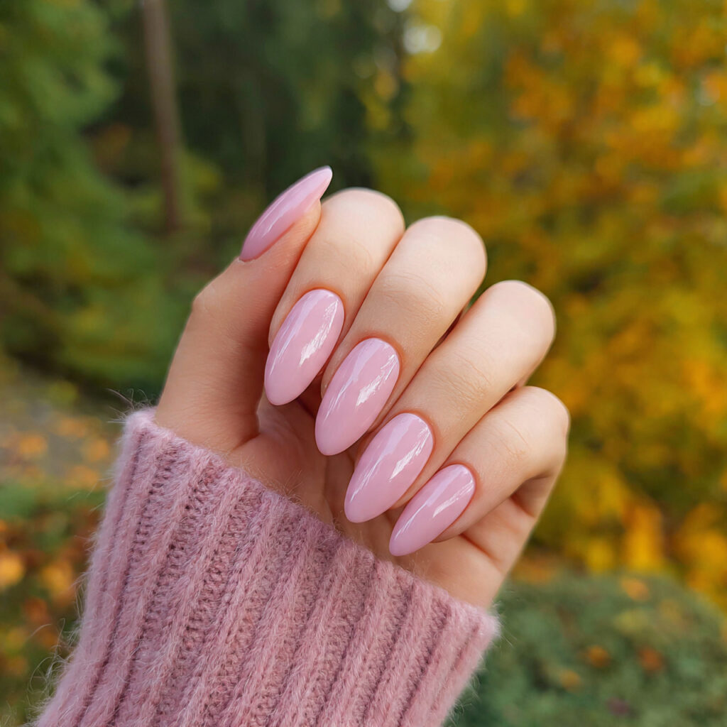 attractive glossy sheer pink almond nails with out