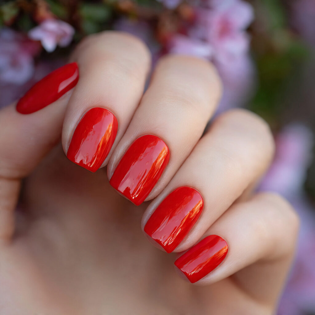 attractive glossy tomato short square nails with o