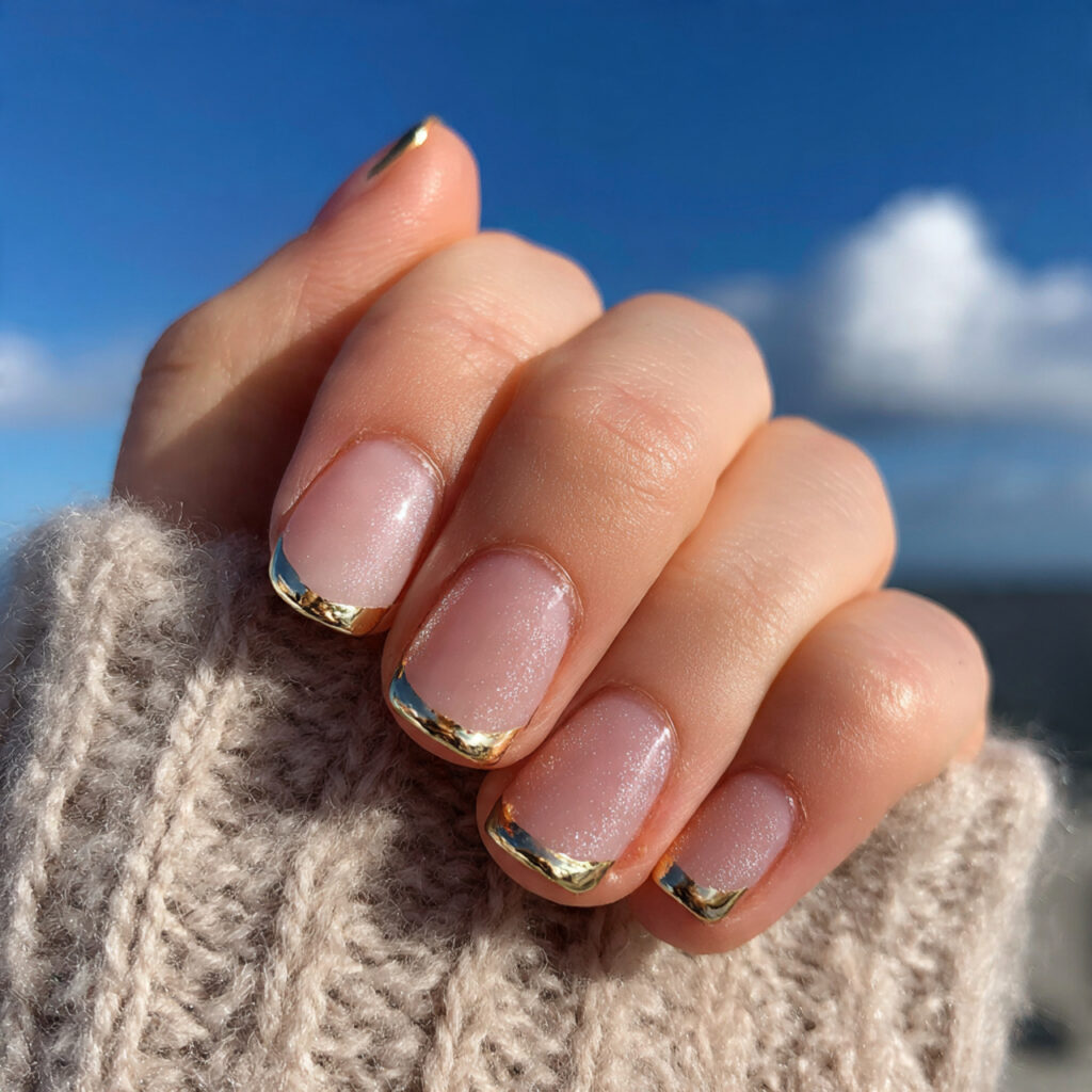attractive gold micro french tips on short nails w