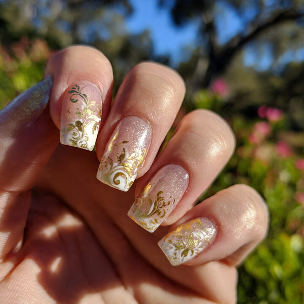 attractive gold swirl nails over a sheer base with