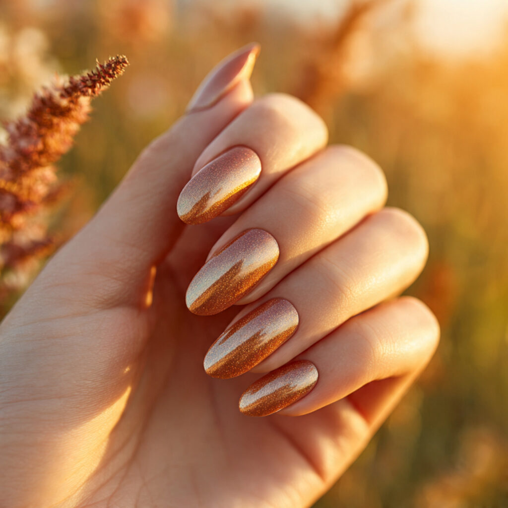 attractive golden hour bronze glaze almonds nails