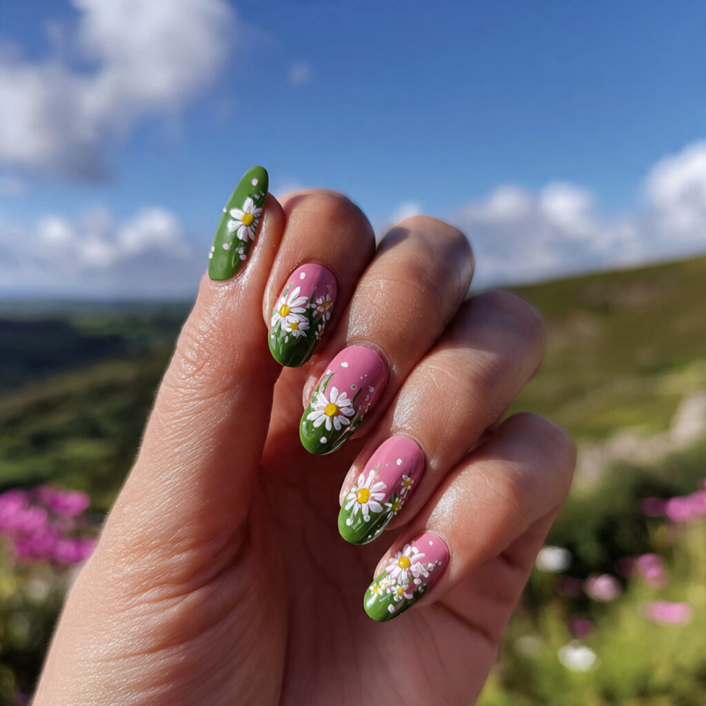 attractive green and pink daisy nails with outdoor 1