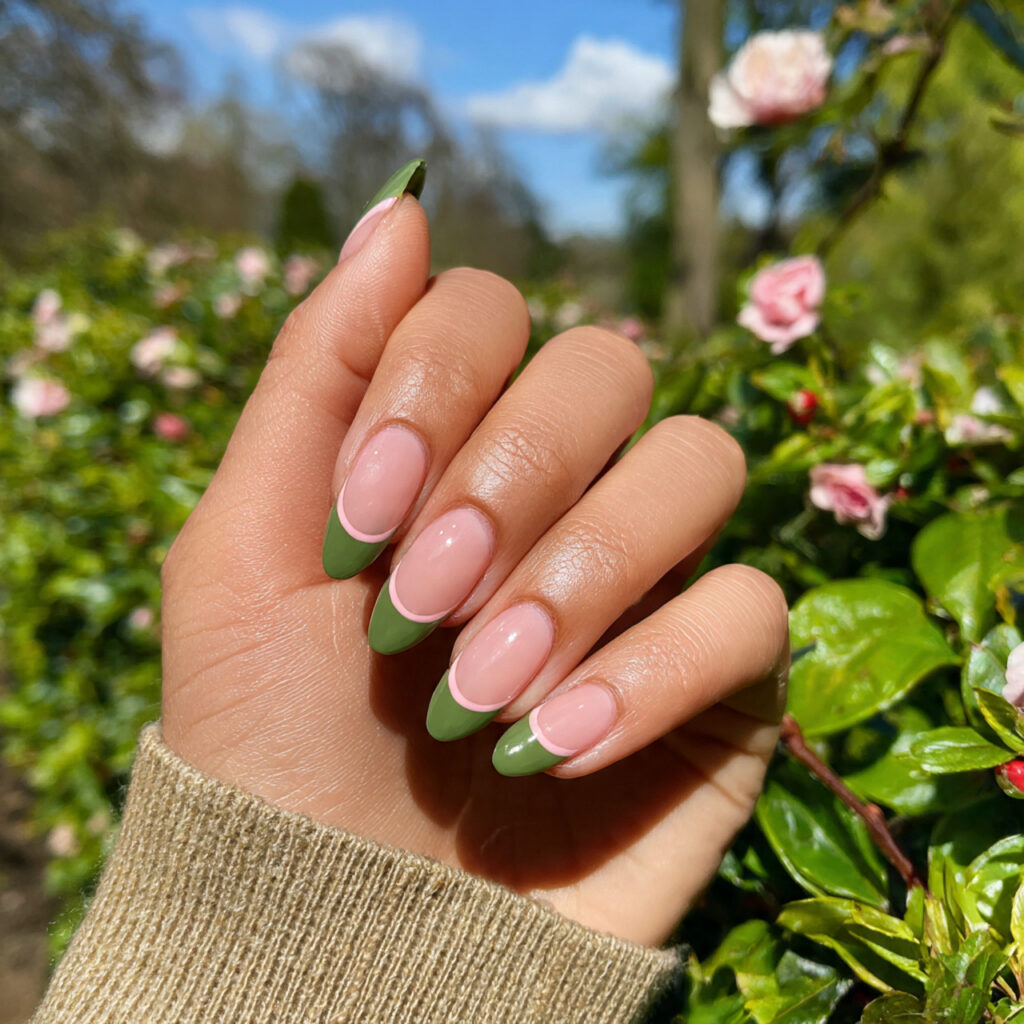 attractive green and pink french tip nails with ou