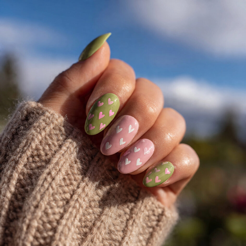 attractive green and pink heart nails with outdoor