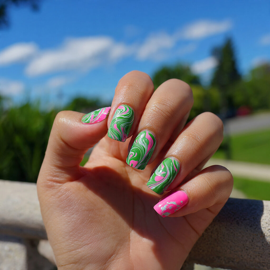 attractive green and pink swirl nails with outdoor