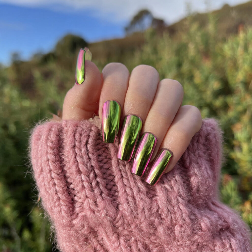 attractive green chrome and pink chrome nails with 1