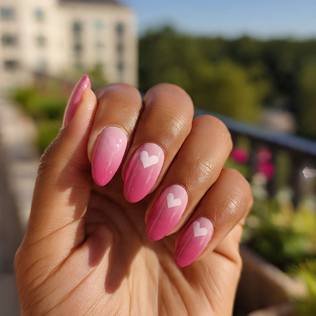 attractive heart accent pink ombre nails with outd