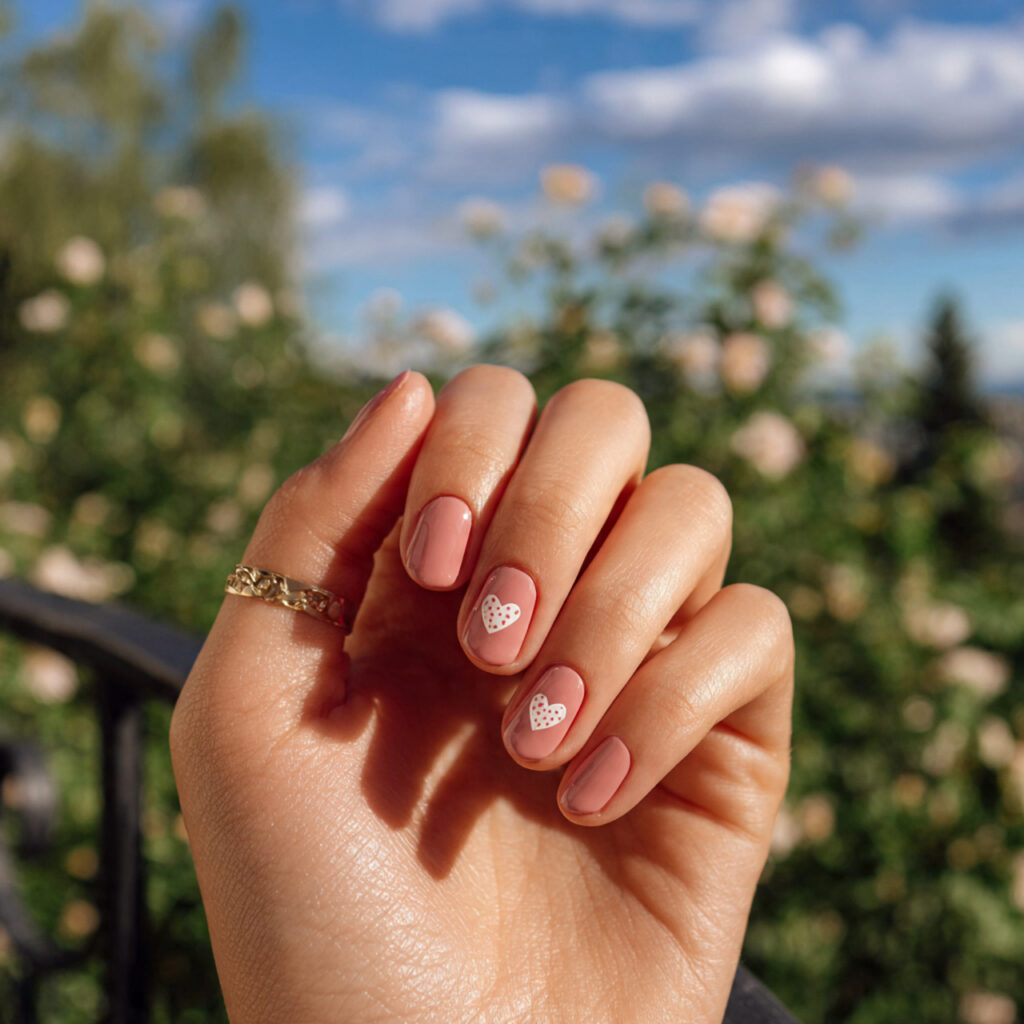 attractive heart detail blush nails with outdoor s
