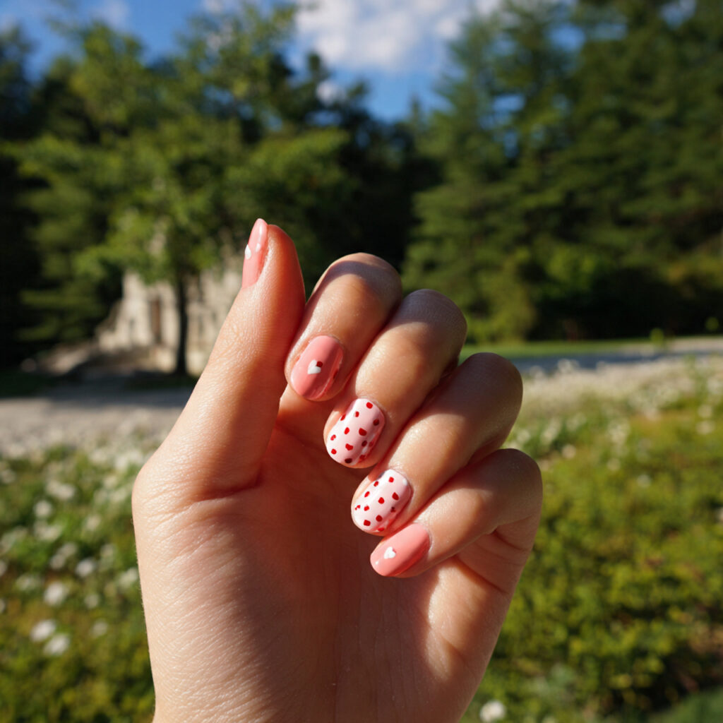 attractive heart dot accent nails with summer outd