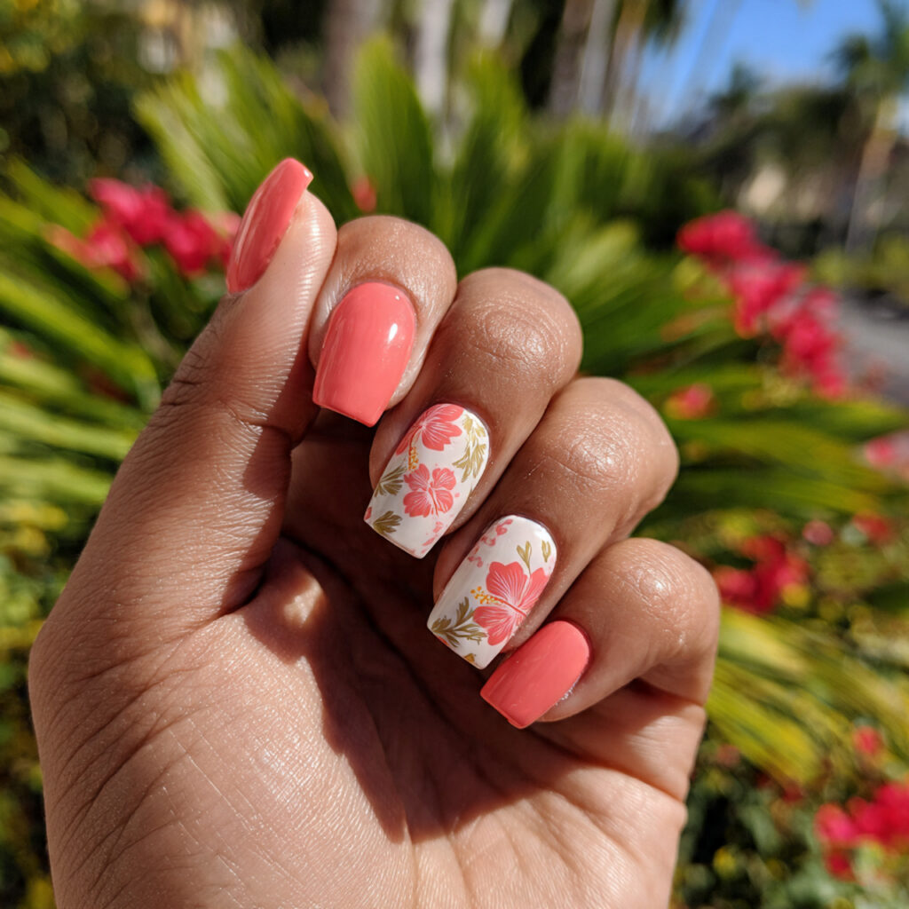 attractive hibiscus accent nails in coral blush na