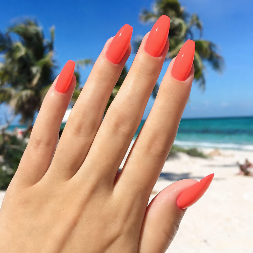 attractive hot coral beach day solid gel nails wit