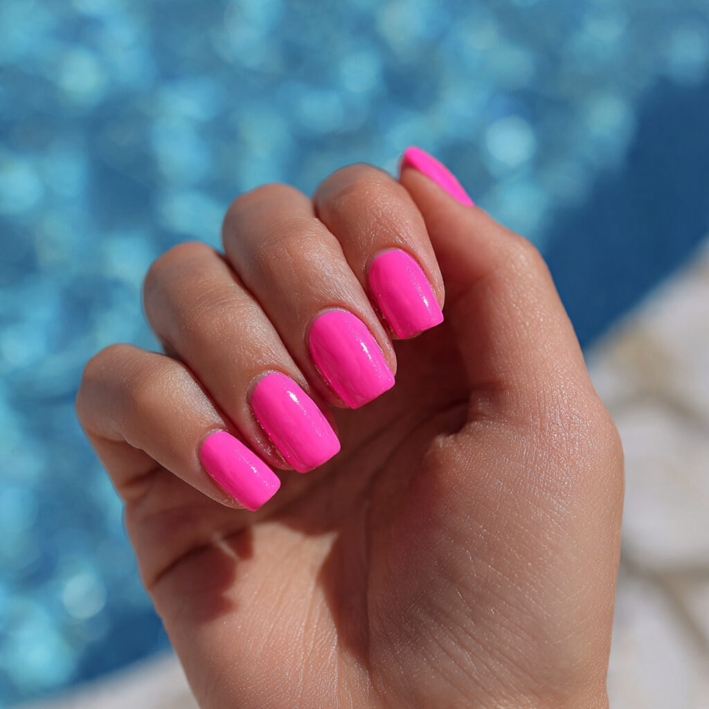 attractive hot pink accent nails with outdoor back