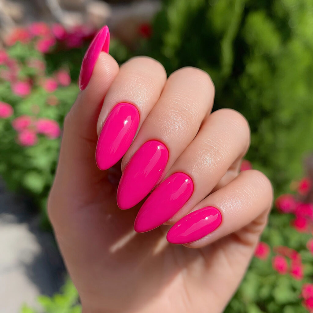 attractive hot pink almond nails with outdoor back