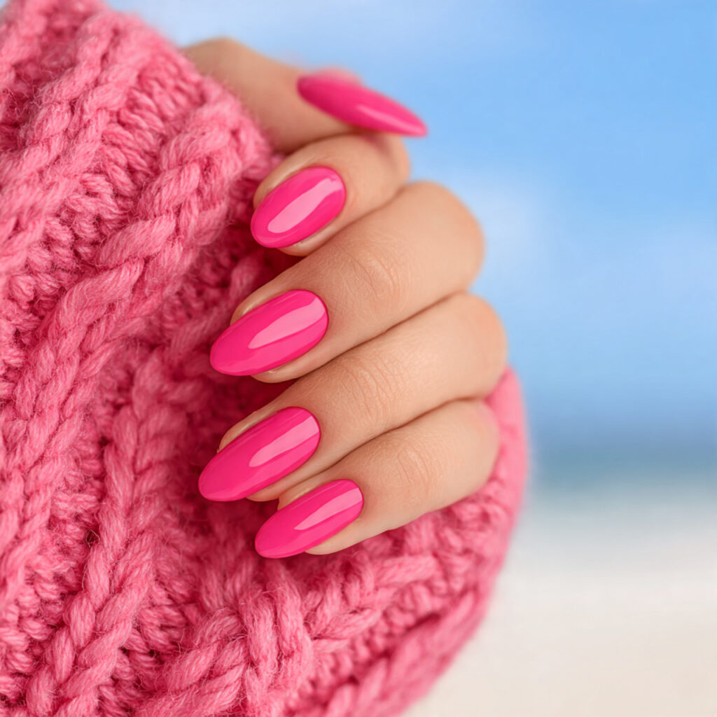 attractive hot pink almond nails with outdoor summ 1