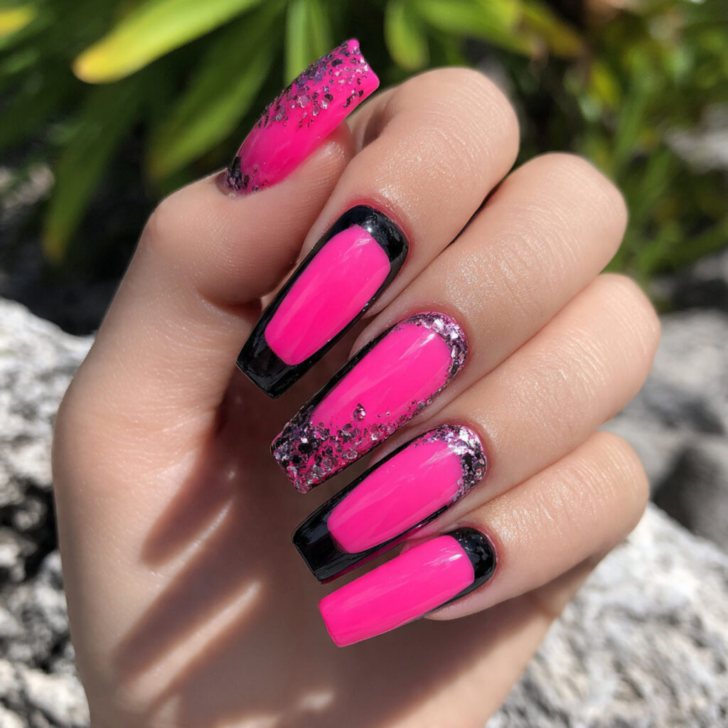 attractive hot pink and black coffin nails with ou