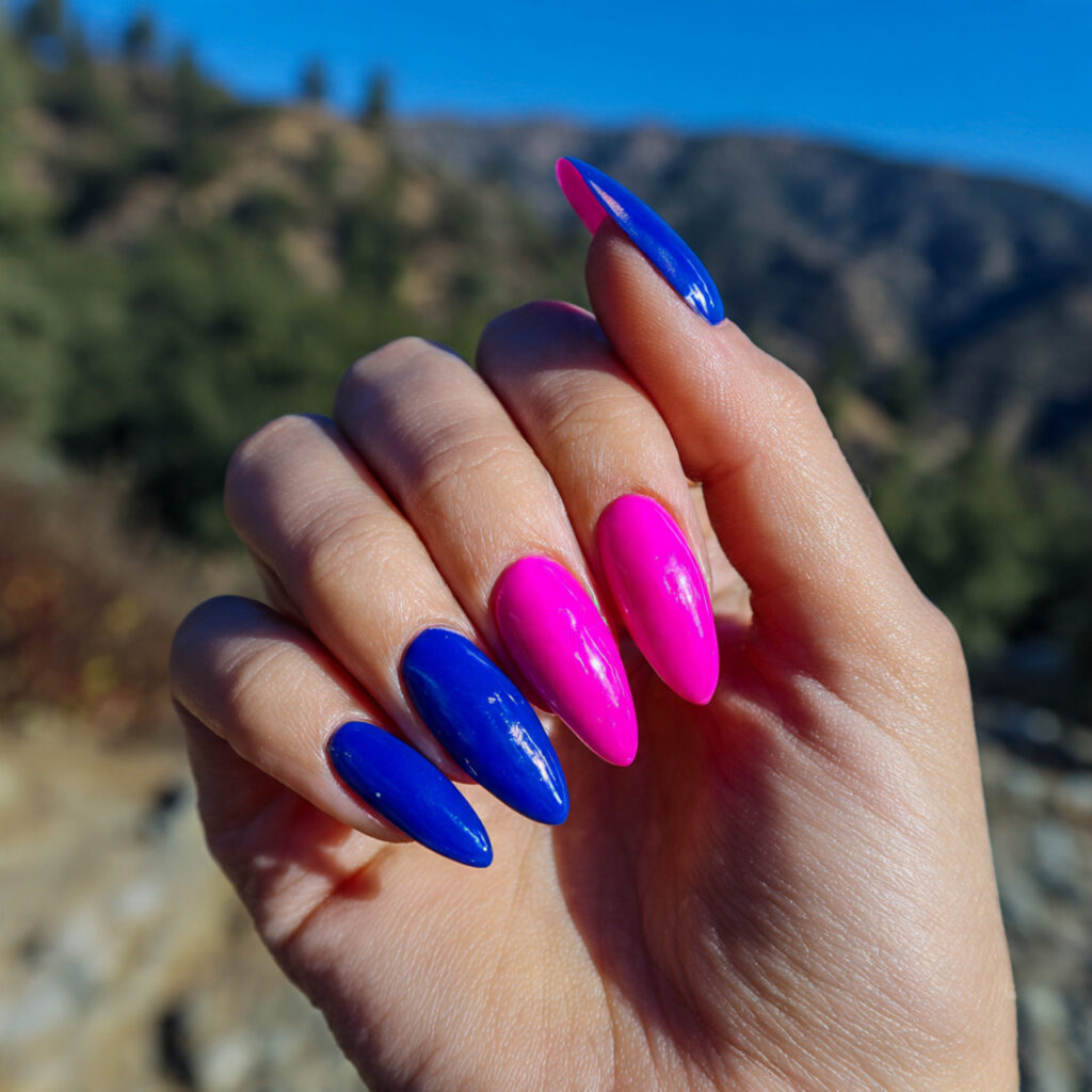 attractive hot pink and cobalt blue nails with out