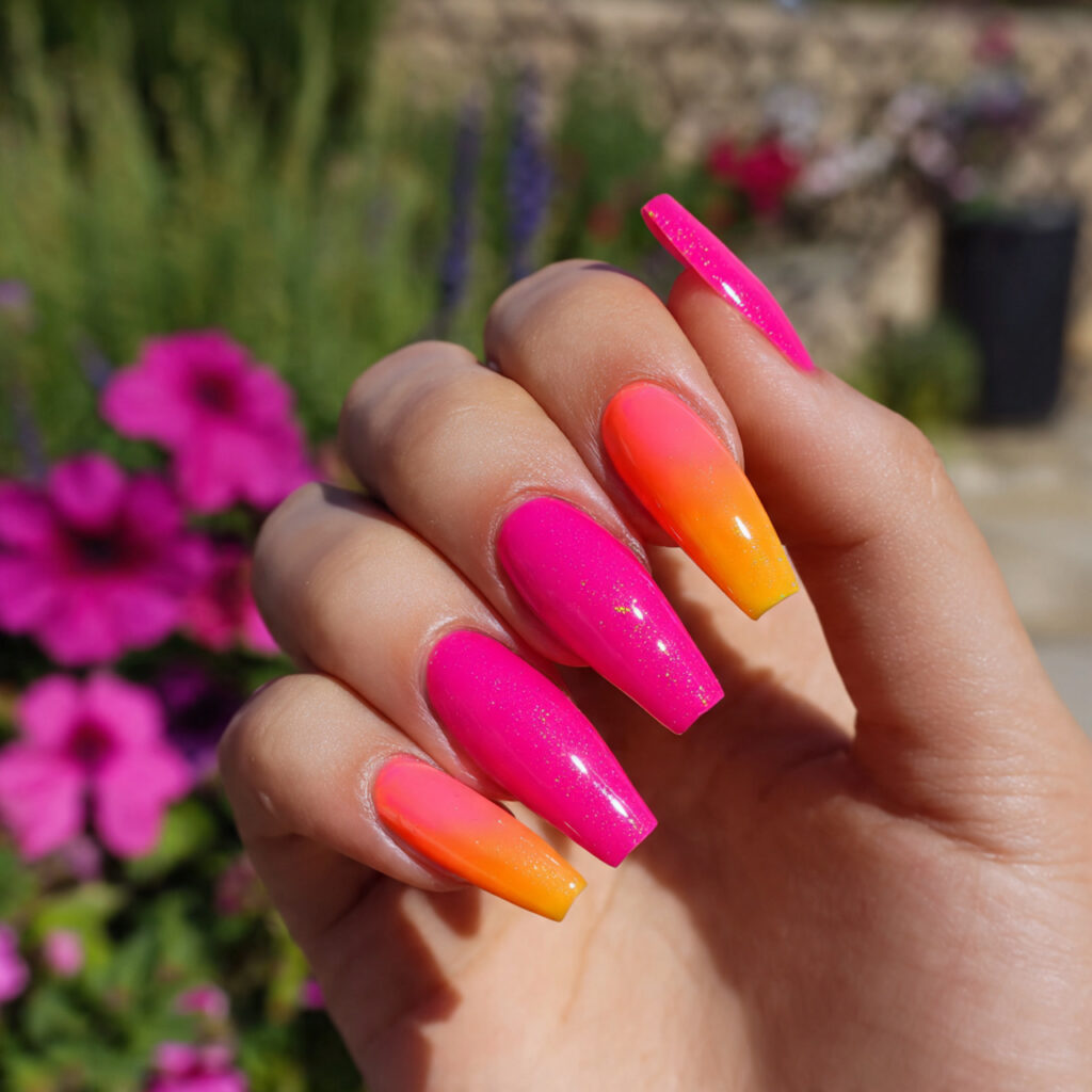 attractive hot pink and orange coffin nails with o