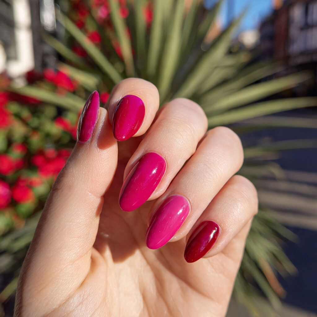 attractive hot pink and ruby red nails with outdoo