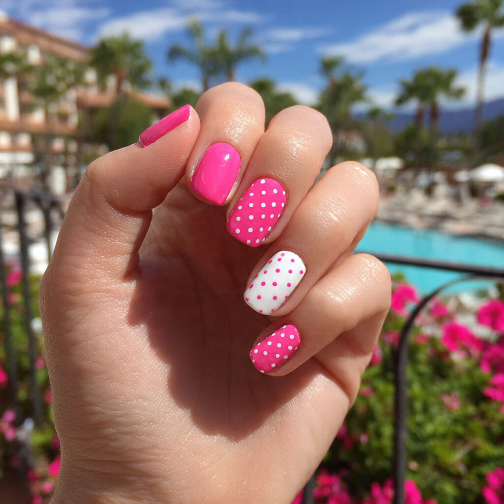 attractive hot pink and white contrast nails with 1