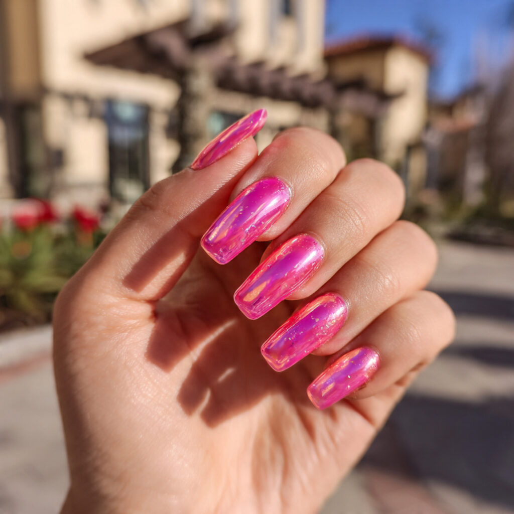attractive hot pink aura nails with outdoor backgr