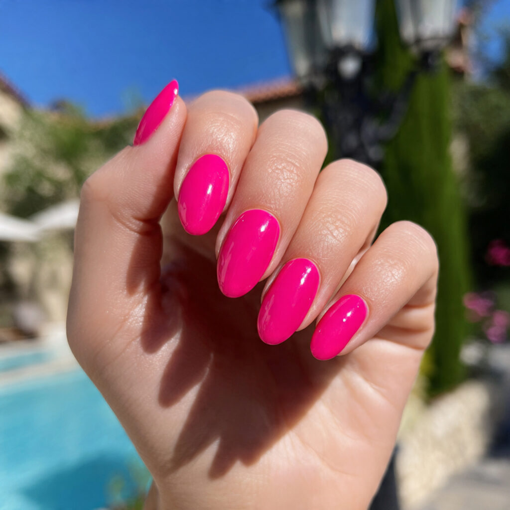 attractive hot pink aura nails with outdoor summer