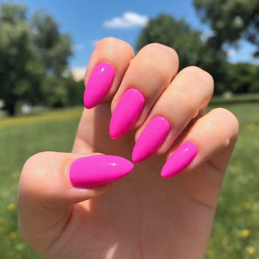 attractive hot pink barbiecore gloss almonds nails