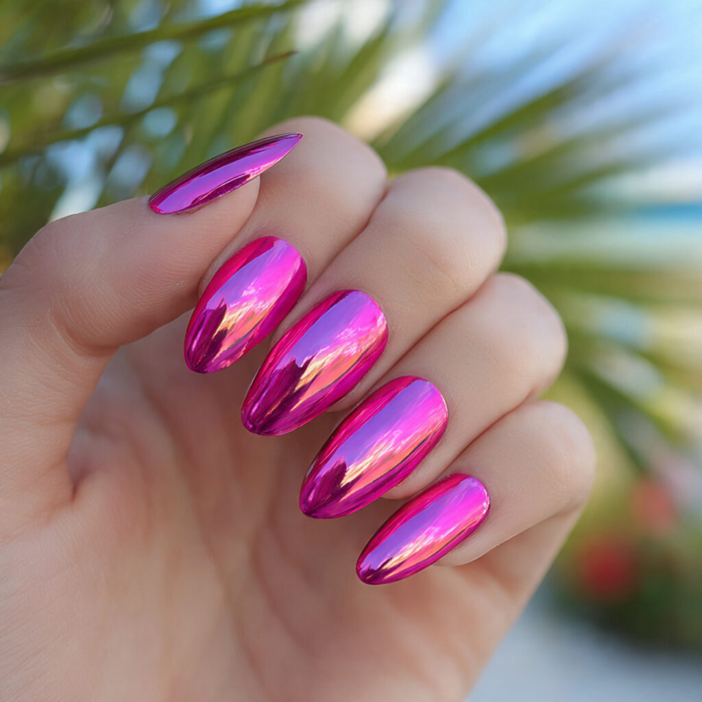 attractive hot pink chrome nails with outdoor summ