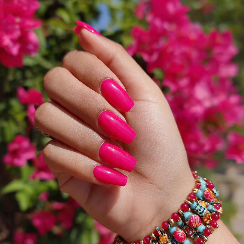 attractive hot pink coffin nails with outdoor summ