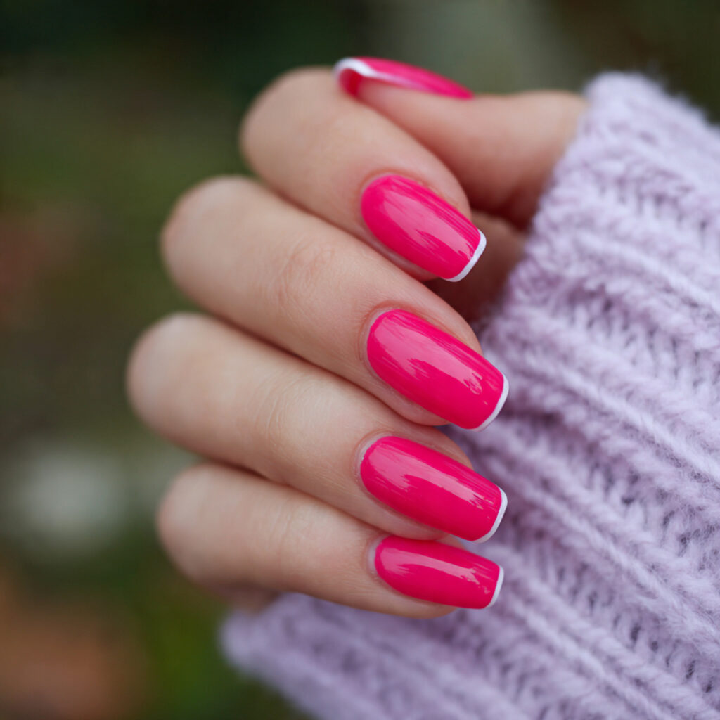 attractive hot pink french nails with outdoor back 1