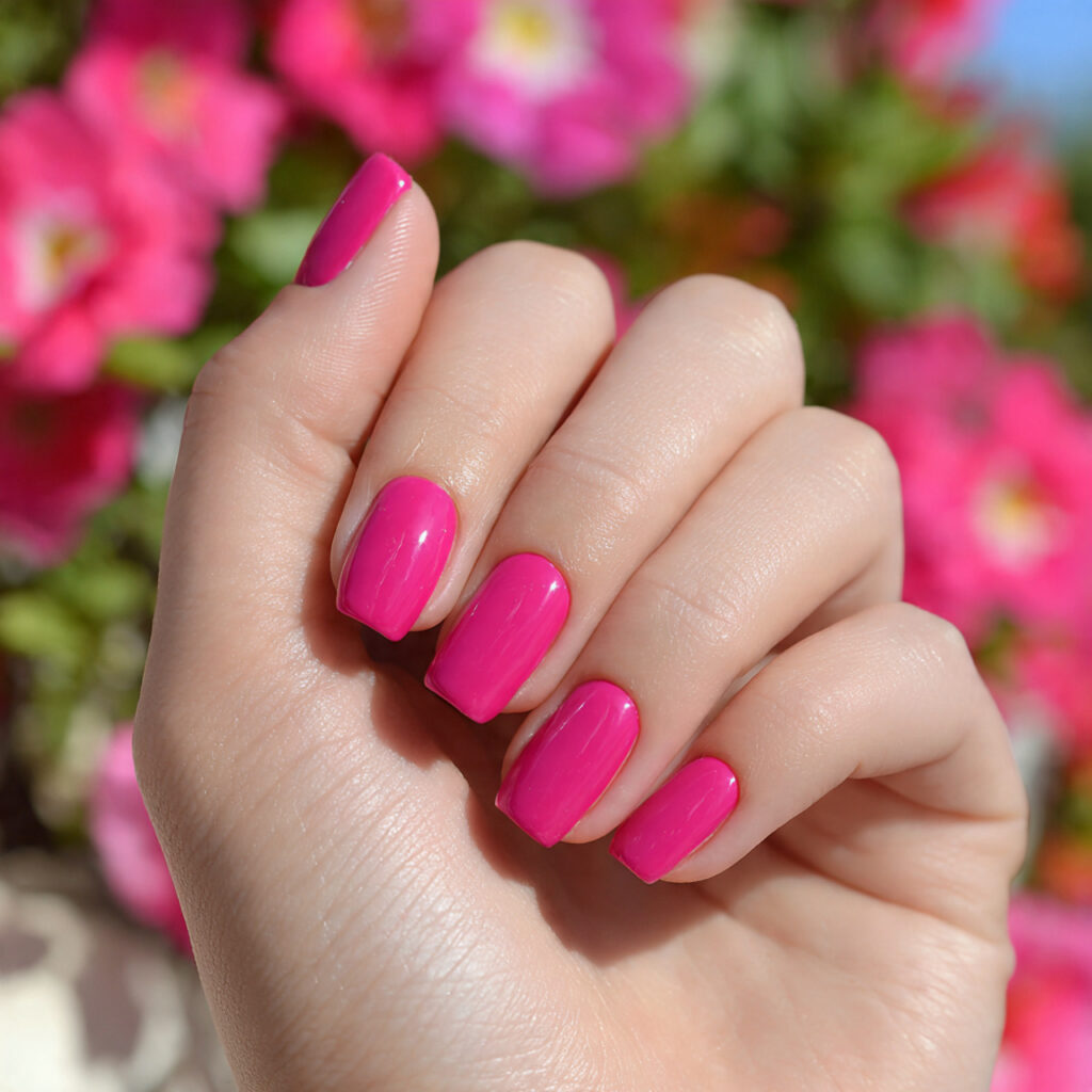 attractive hot pink gel shine nails with outdoor s