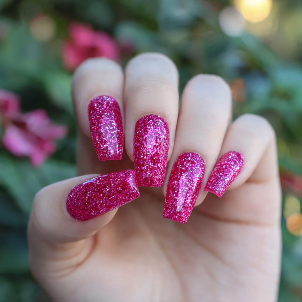 attractive hot pink glitter nails with outdoor bac